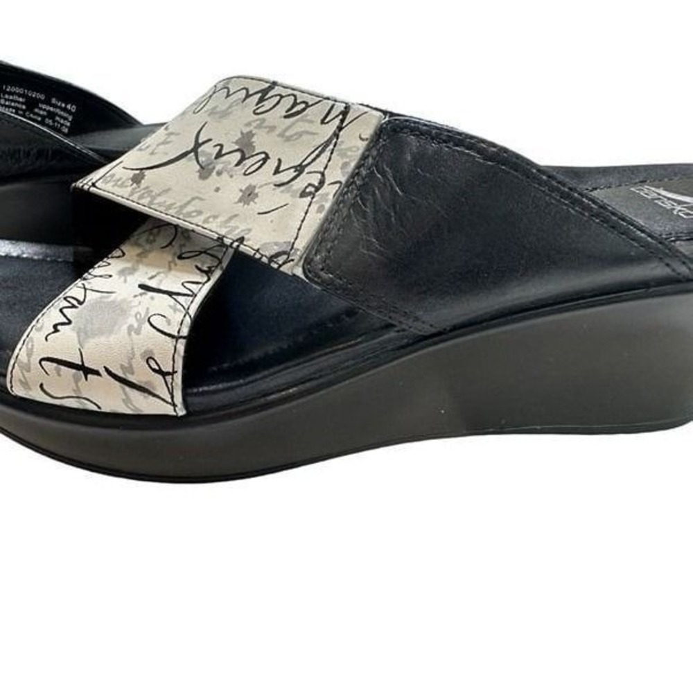 Dansko Women Script Print Wedge Sandals Black White Leather Cross Strap Slide 40 - Picture 8 of 9